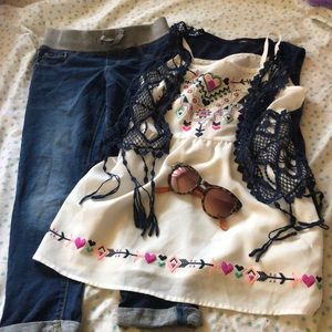 Girls jeans and summer top with lace vest outfit